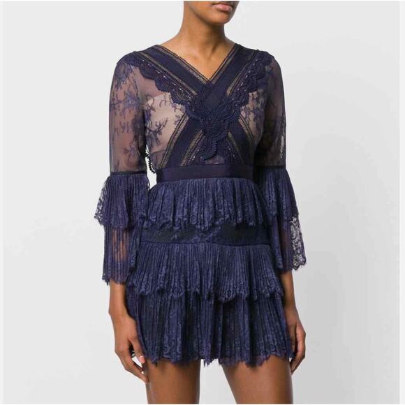 NWT Self Portrait Guipure‎ Ruffled Lace Sculpted Daisy Tiered Blue Mini Dress 0 - Picture 1 of 13